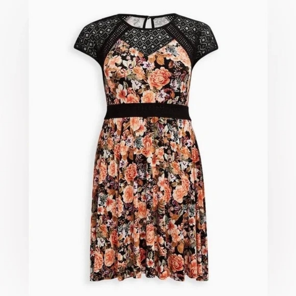 Torrid 2 Floral Black Lace Inset Dress Sz 2X Orange Green Purple - Picture 2 of 6